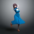 Elegant Human Female Character Dancing In Blue Dress With Brown Hair And Gray Background
