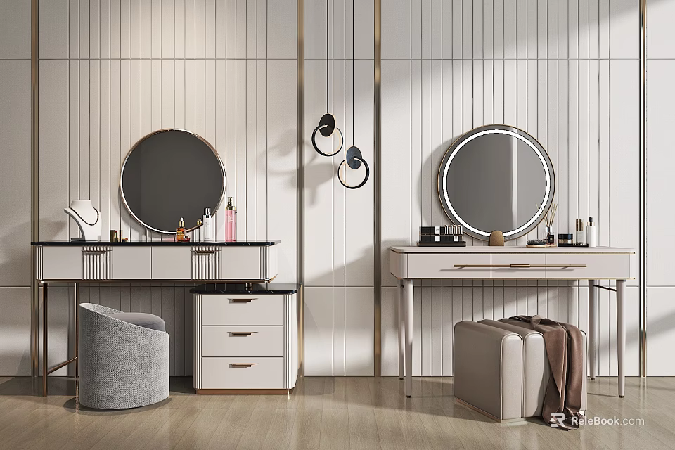 Modern Dressing Table With Round Mirror Hanging Lights And Upholstered Stool On Vertical Striped Wall 3d model 