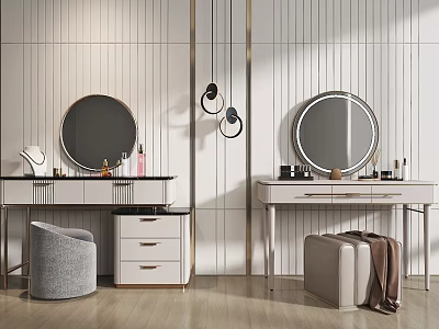 Modern Dressing Table With Round Mirror Hanging Lights And Upholstered Stool On Vertical Striped Wall 3d model