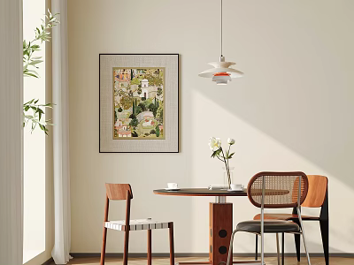 Modern Dining Table With Chairs Vase Flowers Wall Art Pendant Lamp Greenery And Natural Light 3d model