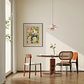 Modern Dining Table With Chairs Vase Flowers Wall Art Pendant Lamp Greenery And Natural Light