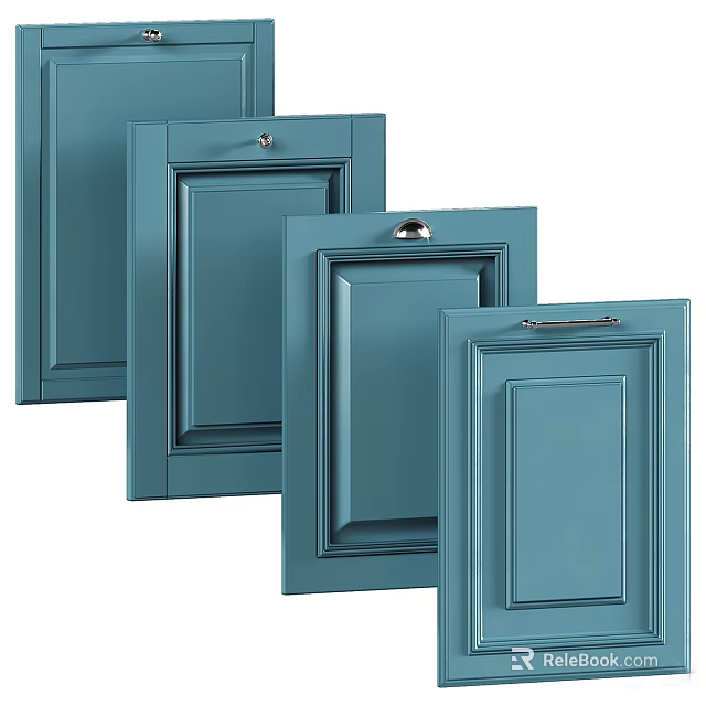 Teal Kitchen Cabinet Doors With Various Designs And Handle Styles 3d model