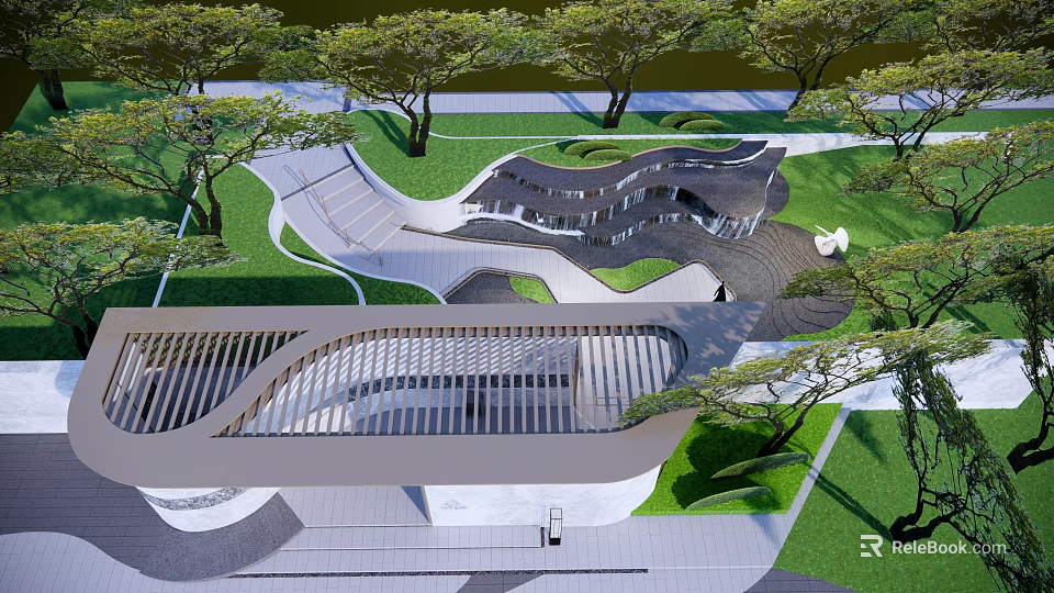 Modern Garden Landscape Design With Winding Pathways Lush Greenery And Shade Trees 3d model 