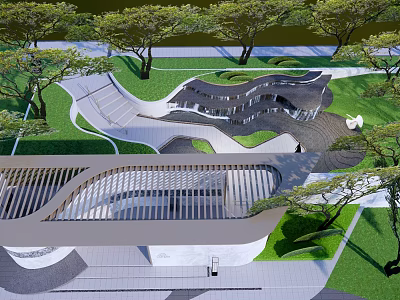 Modern Garden Landscape Design With Winding Pathways Lush Greenery And Shade Trees 3d model