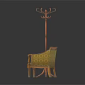Classic Wooden Frame Single Sofa Pair With Patterned Upholstery And Coat Rack 3d model