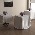 Dining Tables with White Tablecloths and Purple Flowers in Bright Interior with Wooden Floor