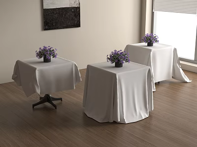 Dining Tables with White Tablecloths and Purple Flowers in Bright Interior with Wooden Floor 3d model