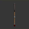 Double Bladed Battle Axe With Silver Blades Wooden Handle Red Accents And Gemstone