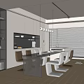 Elegant Modern Restaurant Interior With Dining Table Chairs And Pendant Lights 3d model
