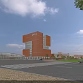 Modern Orange School Building With Glass Facade Green Lawn And Campus Surroundings