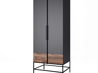 Modern Tall Wardrobe With Black Doors Wooden Bottom And Metal Frame Handles 3d model