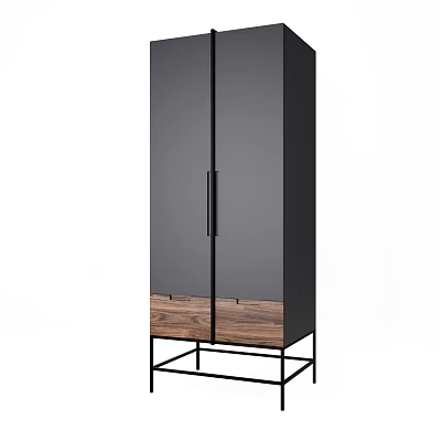 Modern Tall Wardrobe With Black Doors Wooden Bottom And Metal Frame Handles 3d model