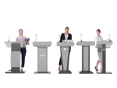 Professional Female Speakers Standing At Modern Podiums With Microphones And Laptops 3d model