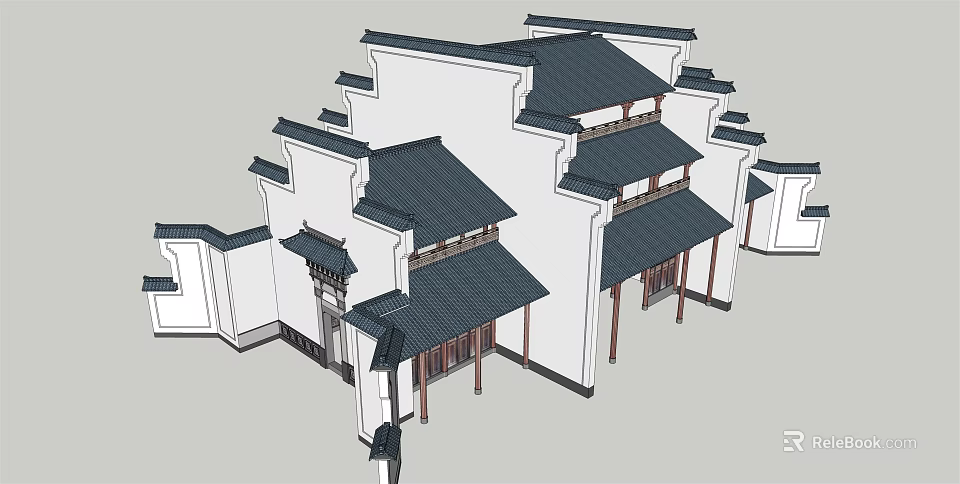 Ancient Chinese Architecture With Traditional Roof Overhanging Eaves And White Walls 3d model 