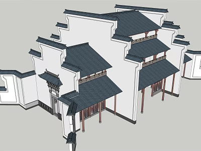 Ancient Chinese Architecture With Traditional Roof Overhanging Eaves And White Walls 3d model