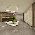 Modern Hotel Corridor Interior With Hanging Chandelier Potted Pine Tree And Marble Floor