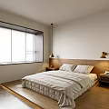Minimalist Bedroom Interior Design With Wooden Headboard Linen Bedding And Window Blinds