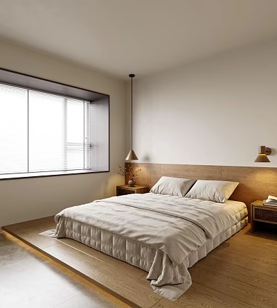 Minimalist Bedroom Interior Design With Wooden Headboard Linen Bedding And Window Blinds 3d model