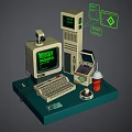 1980s Vintage Computer Setup With Monitor Keyboard Floppy Disk Drive And Soda Cup