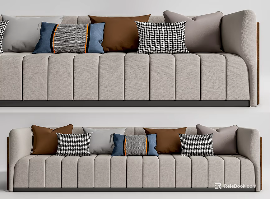 Beige Sectional Sofa With Blue Brown Gray And Checkered Throw Pillows In Modern Design 3d model 