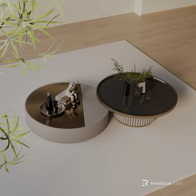 Modern Sofa Coffee Table Set With Round Design And Green Plant Decor 3d model 