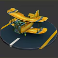 Yellow Biplane Model On Blue Circular Platform With Yellow White Lines