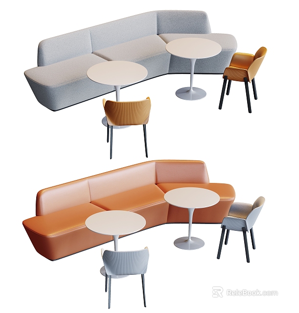 Public Chairs With Curved Sofa And Round Tables In Gray And Orange Colors 3d model 