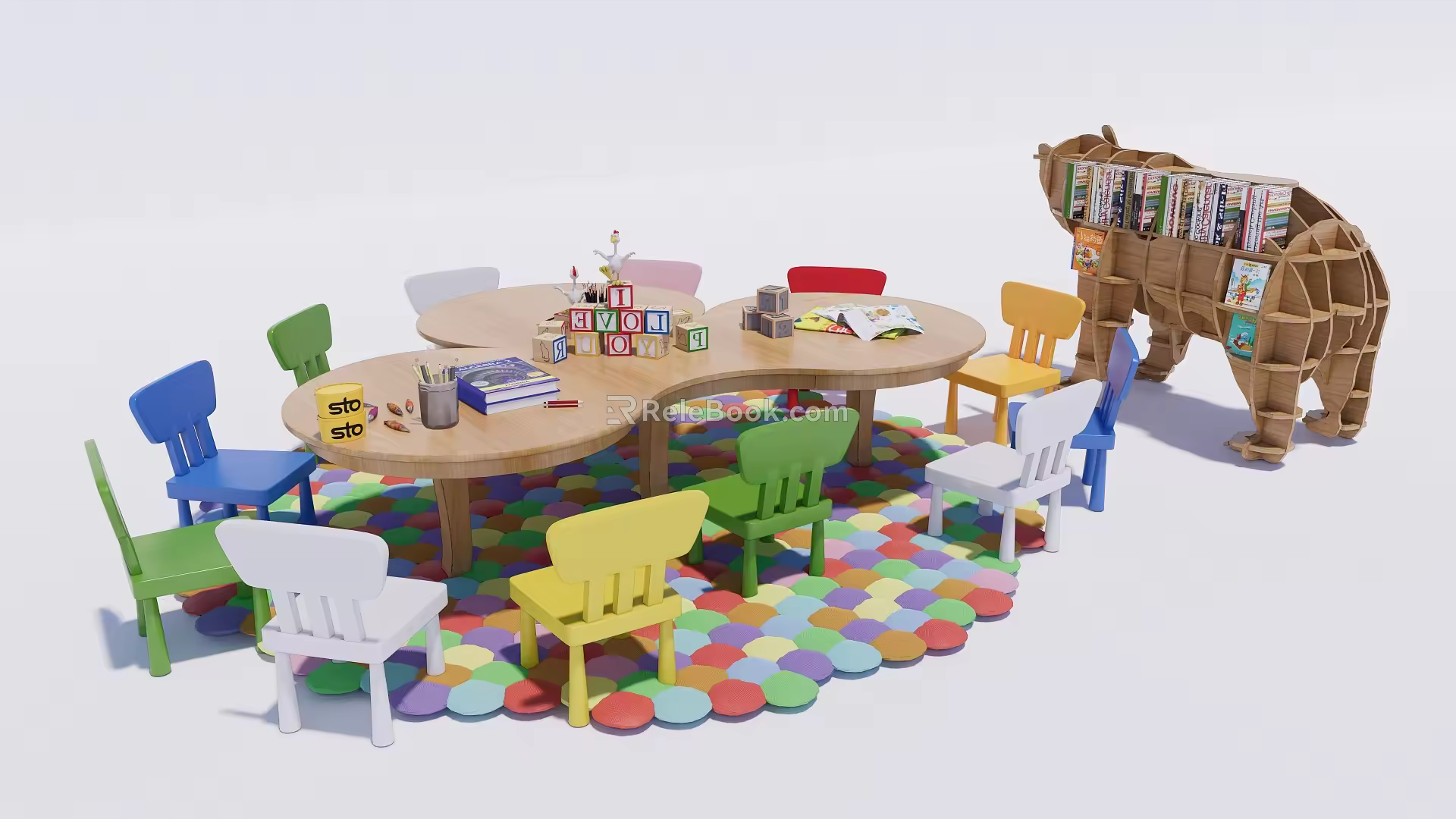 Modern Children's Tables and Chairs Kindergarten Tables and Chairs Bookcase Combination Children's Learning Tables and Chairs 3d model
