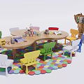 Modern Children's Tables and Chairs Kindergarten Tables and Chairs Bookcase Combination Children's Learning Tables and Chairs 3d model