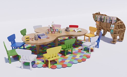 Modern Children's Tables and Chairs Kindergarten Tables and Chairs Bookcase Combination Children's Learning Tables and Chairs 3d model