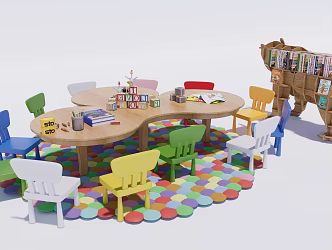 Modern Children's Tables and Chairs Kindergarten Tables and Chairs Bookcase Combination Children's Learning Tables and Chairs 3d model