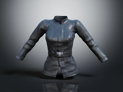 Women's Fitted Leather Jacket with Stand Collar Belted Waist and Long Sleeves 3d model