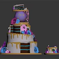 Layered Celebration Cake Decorated With Purple Blue Pink Flowers And Golden Details With Small Cake
