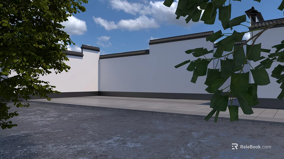 Traditional Garden Landscape With White Walls Gray Tiles Green Trees And Blue Sky Background 3d model 