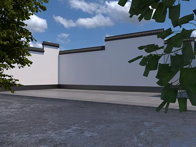 Traditional Garden Landscape With White Walls Gray Tiles Green Trees And Blue Sky Background 3d model