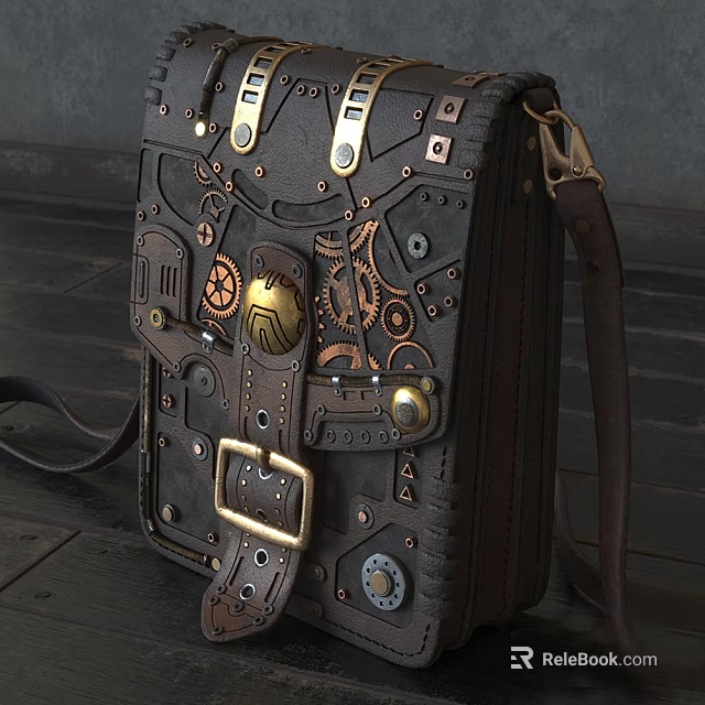 Steampunk Leather Bag With Mechanical Gears Brass Hardware Buckle Detail And Vintage Design 3d model 