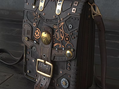 Steampunk Leather Bag With Mechanical Gears Brass Hardware Buckle Detail And Vintage Design 3d model