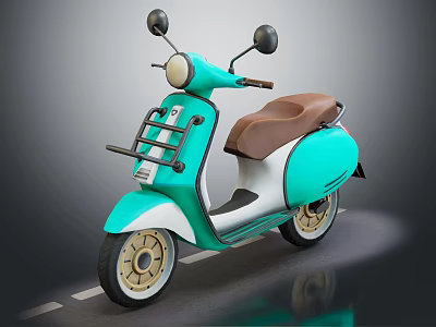 Turquoise Vintage Scooter With Brown Seat Round Mirrors And Beige Wheels 3d model