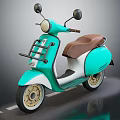 Turquoise Vintage Scooter With Brown Seat Round Mirrors And Beige Wheels