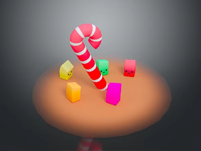 Colorful Candy Cane With Smiley Square Blocks On Brown Base 3d model