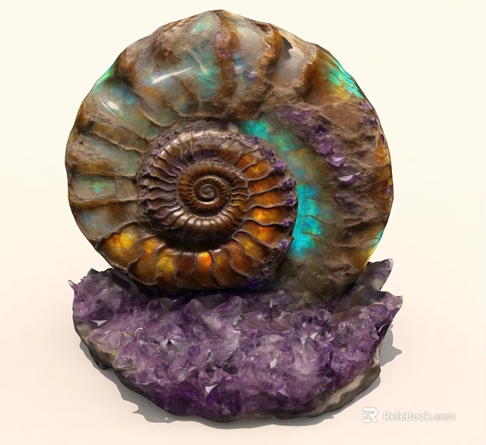 Iridescent Ammonite Fossil Specimen on Purple Amethyst Base with Colorful Patterns 3d model 