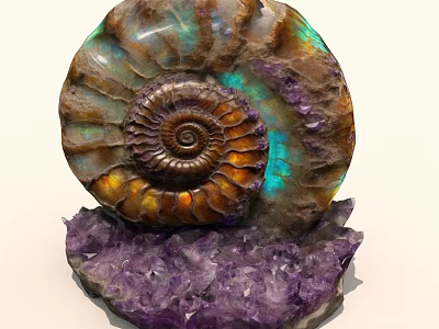 Iridescent Ammonite Fossil Specimen on Purple Amethyst Base with Colorful Patterns 3d model