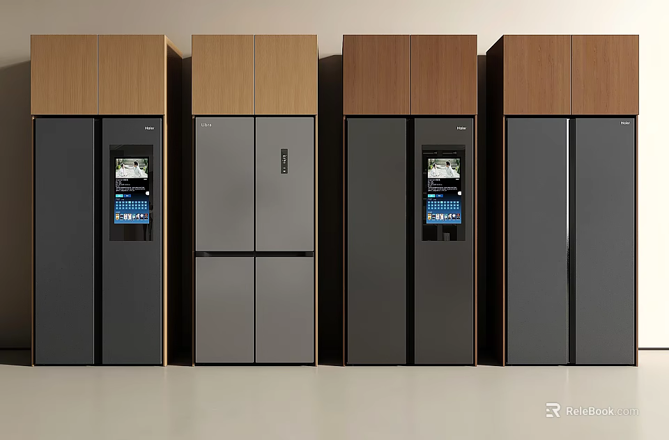 Row of Modern Refrigerators With Wooden Top Cabinets And Digital Display Screens 3d model 
