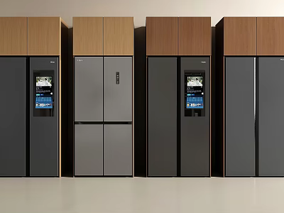 Row of Modern Refrigerators With Wooden Top Cabinets And Digital Display Screens 3d model