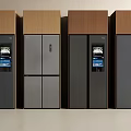Row of Modern Refrigerators With Wooden Top Cabinets And Digital Display Screens