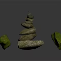Artistic Balanced Stacked Stones Structure With Natural Green Moss Covered Rocks