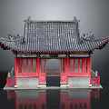 Traditional Ancient Chinese Architecture Featuring Gray Tiled Roof Overhanging Eaves and Red Doors