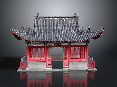Traditional Ancient Chinese Architecture Featuring Gray Tiled Roof Overhanging Eaves and Red Doors 3d model