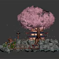 Cartoon Scene with Pink Cherry Blossom Tree Traditional Pavilion Rocky Base and Blue Water Pathway