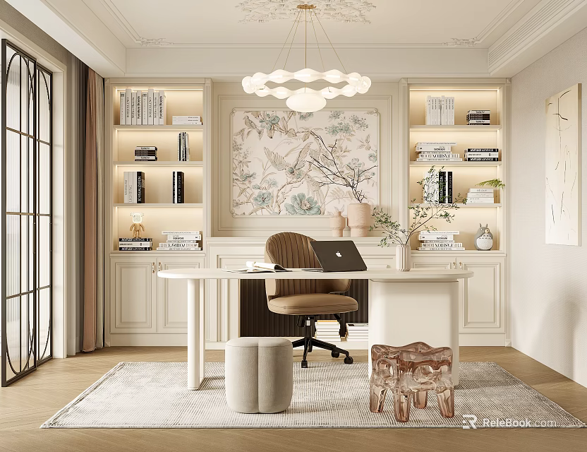 Modern Study Room Interior Design With Built in Bookshelves Wooden Desk Artwork And Chandelier 3d model 